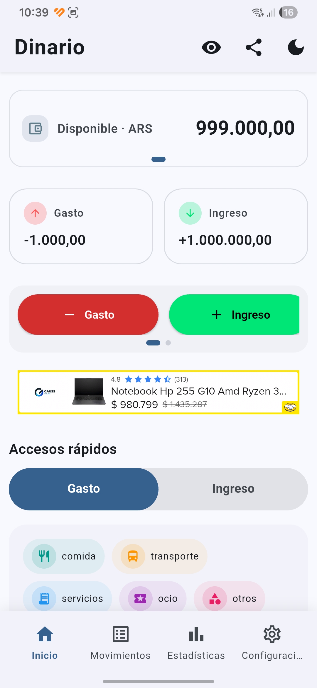 Dinario pantalla 1